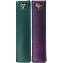2x Genuine Leather Pen Pouch Holder Single Pencil Bag Pen Case with Snap Button Green &