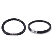 2 Pcs Stainless Steel Leather Bracelet, Braided Leather Bracelet for Men Women Black Width 6mm, Length 18cm & 23cm