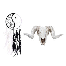 Yin Yang Dream Catcher Circular Net with Feathers Beads & Resin Sheep Skull Wall Hanging 3D Animal Longhorn