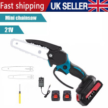 (blue) 2 Battery 3000W Mini Cordless Chainsaw 4/6'' One-Hand Electric Saw Wood Cutter