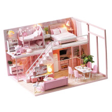 1/24 Wooden DIY Dollhouse Kit Simple The Bedroom Pink w/ LED Light Han