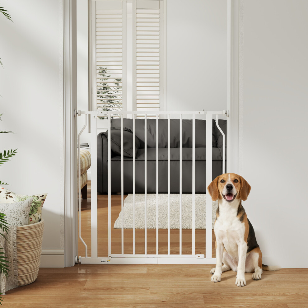 Pawhut (White) Dog Gate Wide Stair Gate W/ Door Pressure Fit, 75-85W Cm