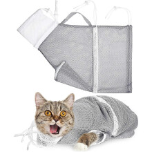 (As show, One size) QQDD Cat Shower Net Bag Cat Grooming Bathing Bag Adjustable Cat Washing Bag Multifunctional Cat