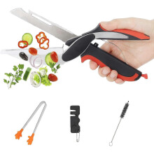 (As show, One size) QQDD Clever Food Cutter Kitchen Scissors Easy Smart Chopper with Built in Cutting Board compatible w