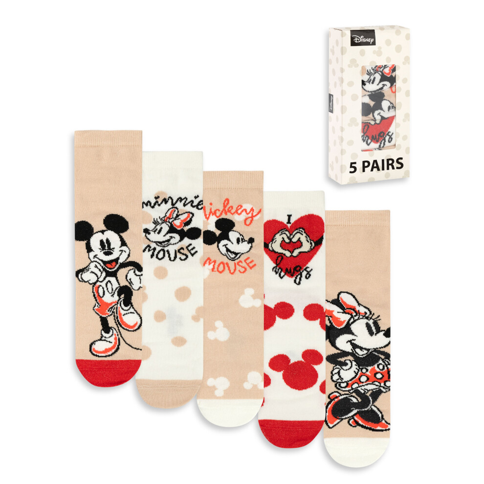 Disney Mickey Mouse Calf Socks Set Of 5 (Womens Beige)