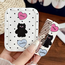 Portable Cartoon Black Cat Folding Travel Makeup Mirror With Comb Mini Handheld Make Up Tool For Women Girls