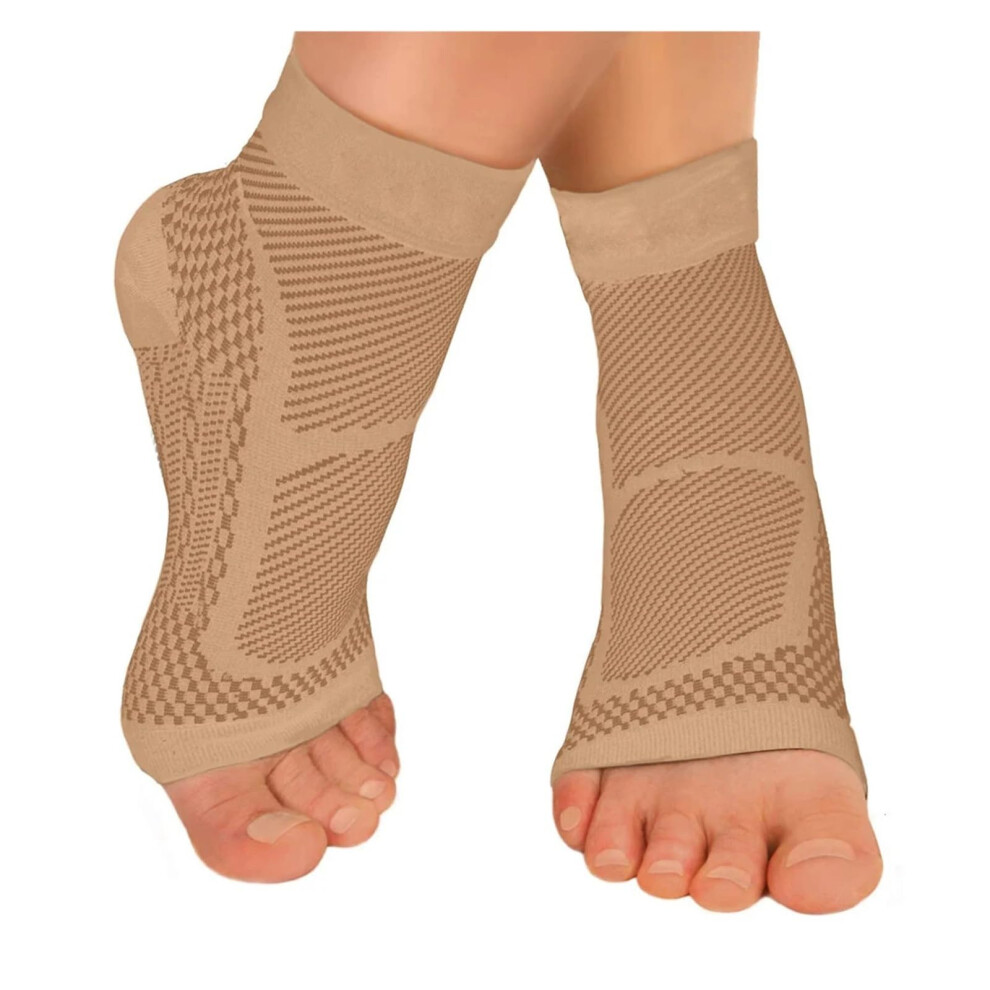 Beige Ankle Support Brace Compression Sleeve Pair For Injury Recovery, Sports And Running, L Xl