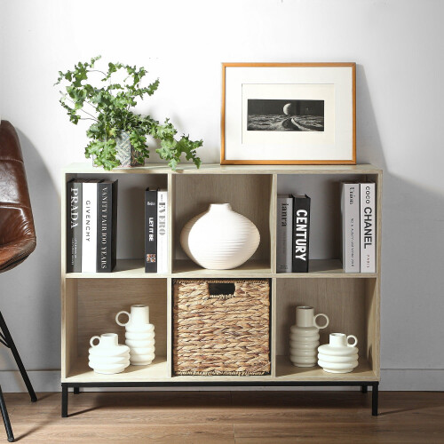 6-compartment storage shelf with metal legs 2