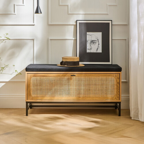 Entryway bench with storage, rattan front, 100 cm long - JAYA 1