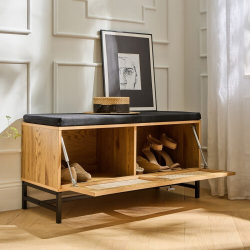 Entryway bench with storage, rattan front, 100 cm long - JAYA 2