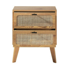 2-Drawer Bedside Table with Wood Finish and Rattan Fronts, 45 cm Wide - ALIA