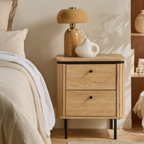 Bedside table with 2 drawers and grooved-effect sides, 55 cm high - MALAGA 1