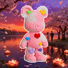 (Pink Love Bear) Pink Heart Bear 3D Puzzle Building Blocks, Decorative Ornament and Room Decoration, Home Decor, Room Decoration, Party Decoration