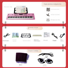 ([613 Rosa] Teclado Eletrônico Piano Capa Fones De Ouvido) Teclado eletrônico infantil portátil 61 chave