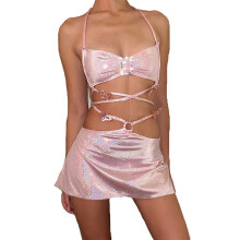 Conjunto de saia e top frente única com amarração nas costas, minissaia brilhante inspirada no estilo grunge de fada com cordões laterais, saia