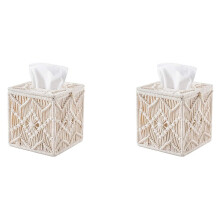 2X Tissue Box Cover Boho Decor Square Paper Tissue Holder with Bead Buckle Macrame Napkin Tissues Organizer Home Decor