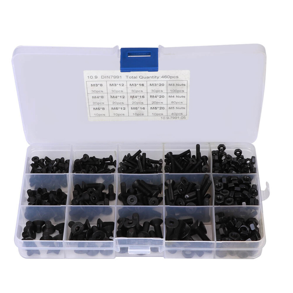 Countersunk Machine Screws Kit, Flat Head Screws Carbon Steel Corrosion Resistant Threaded Fasteners With Hex Nuts Assortment Boxed Packaging For 9138057818680