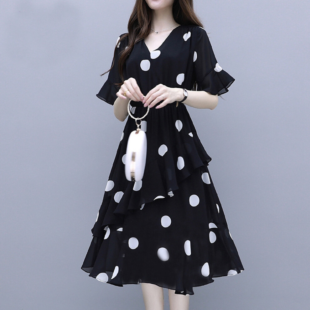 Maxi Dress For Women With Ruffle Hem, Button Front Dress High Waisted Maxi Dress, Polka Dot Print Dress With Puff Sleeve Maxi Dress, V Neck Casual-image-OPC-PPK2WYM-NEW