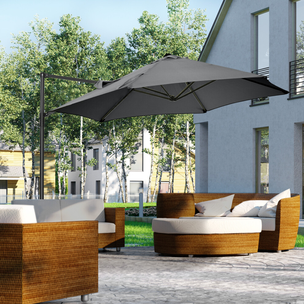 Outsunny 2.5M Offset Roma Patio Umbrella W/ 360-Degree Rotation, Dark/Grey