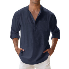 Buttondown shirt men's short sleeve stand collar, solid color, pocket, long sleeve shirts men's wedding navy XL