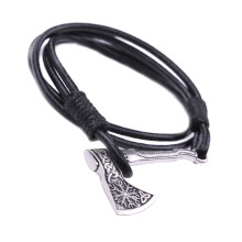 Men's Leather Bracelet with Axes Pendant Symbolizing-Silver