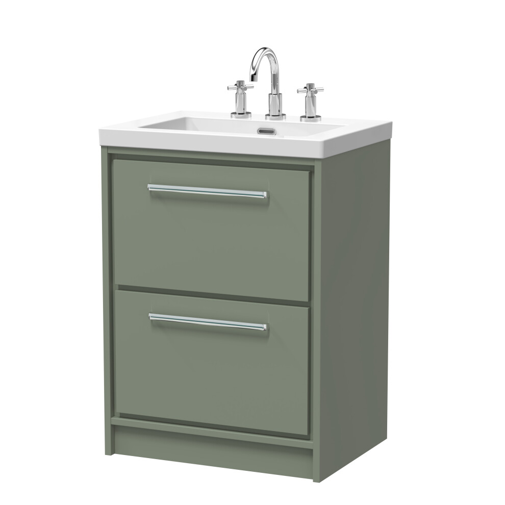 Balterley Modern Bathroom 2 Soft Close Drawer Floor Standing Vanity Unit Fireclay Basin, Fern Green, 600Mm