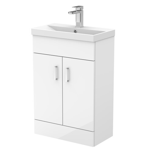 Balterley Gloss White Compact Floor Standing Bathroom Vanity Basin Unit with Ceramic Basin & 2 Soft-Close Doors - 550mm