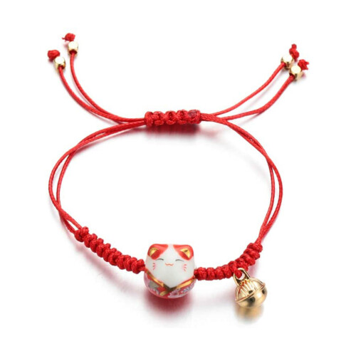 Βραχιόλι από πλεγμένο σχοινί με γούρι Maneki Neko για γάτες, ρυθμιζόμενο βραχιόλι με