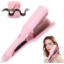(Pink) Curling Iron Hair Crimper, 1.25 Inch Ionic Wavy Hair Curler with Ceramic 2 Barrel, 4 Adjustable Temps