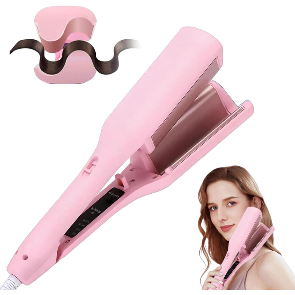 Pink (Pink) Curling Iron Hair Crimper, 1.25 Inch Ionic Wavy Hair Curler With Ceramic 2 Barrel, 4 Adjustable Temps