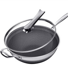 304 Stainless Steel Non Stick Wok with Lid, DoubleSided Honeycomb, Oil Cooking Pan 32cm 34cm