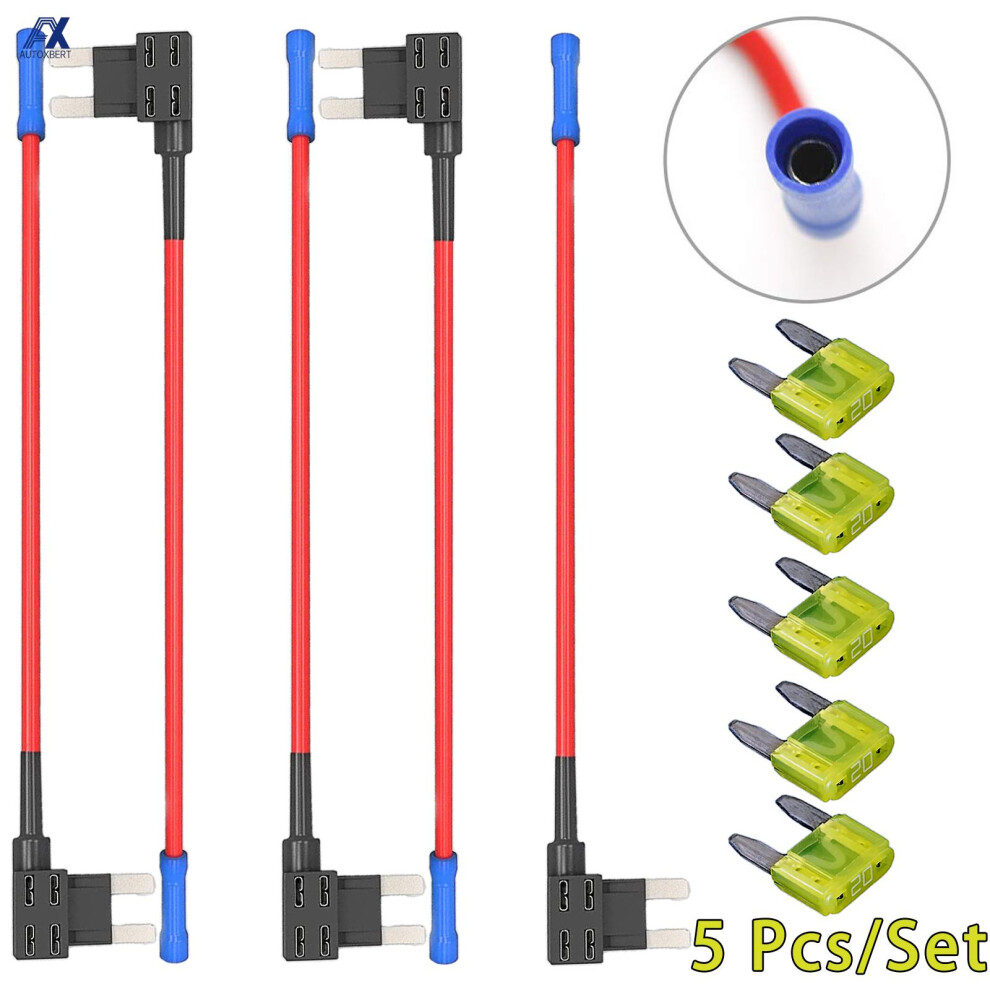 5 Pcs 12V 24V Car 16Awg Wire Fuse Holder Add-A-Circuit Piggy Back Tap Adapter Kit With 20A Mini Apm Atm Blade Fuse Holder Tool 6935161541274