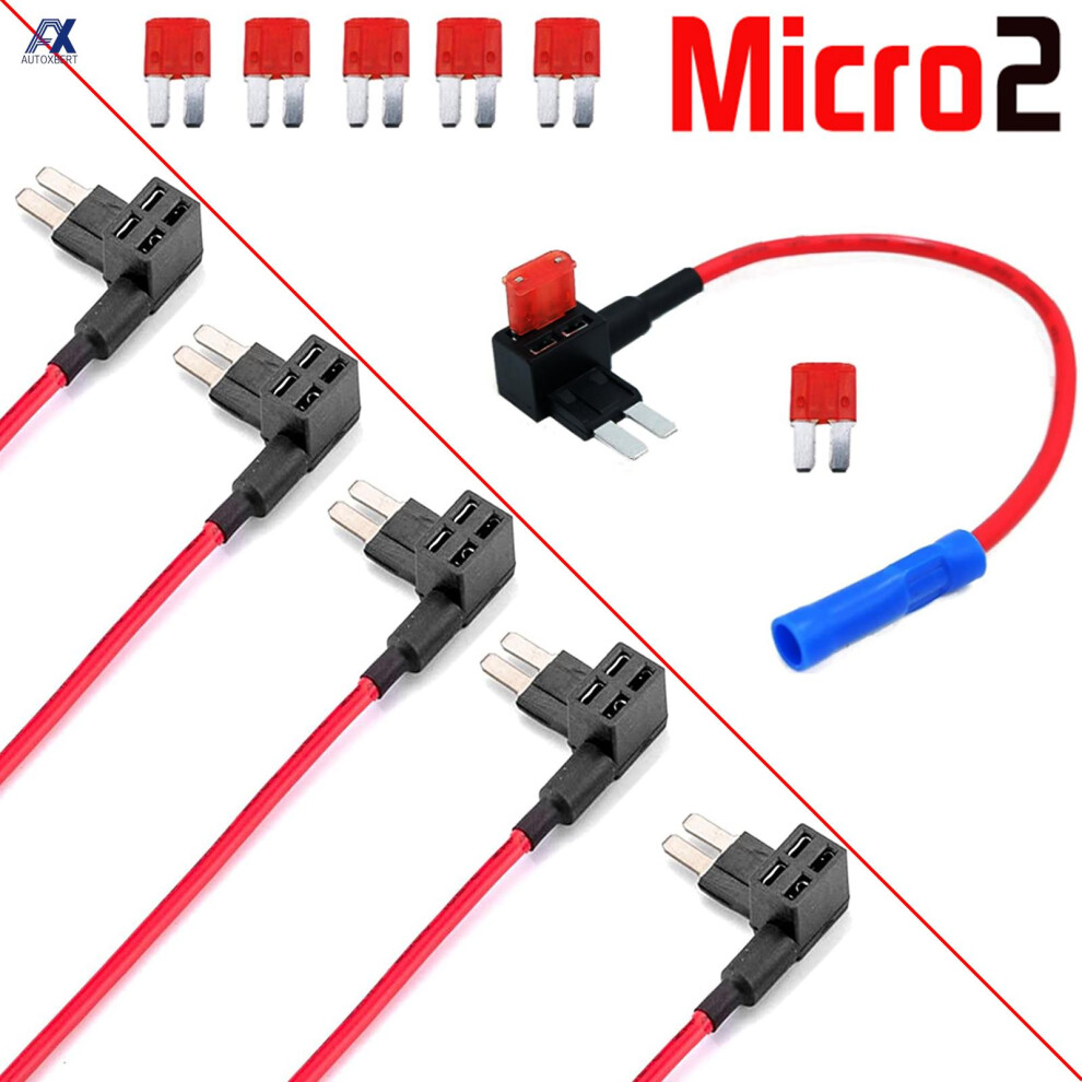 5 Pcs 12V 24V Car 16Awg Wire Fuse Holder Add-A-Circuit Piggy Back Tap Adapter Kit With 10A Micro2 Apt Atr Blade Fuse Holder Tool 6935161541267