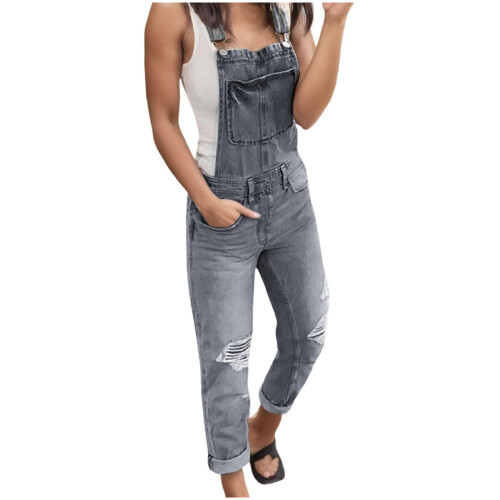 Women's Denim Overalls Distressed Dungarees Adjustable Strap Gray 3XL