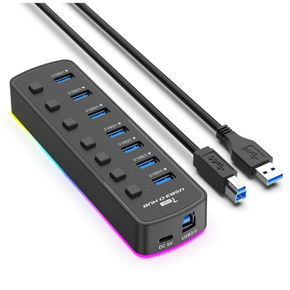 Rgb Usb 3.0 Hub 7 Port Splitter With Individual Switches Speed 5Gbps For Gaming Pc Laptop 9347817140866