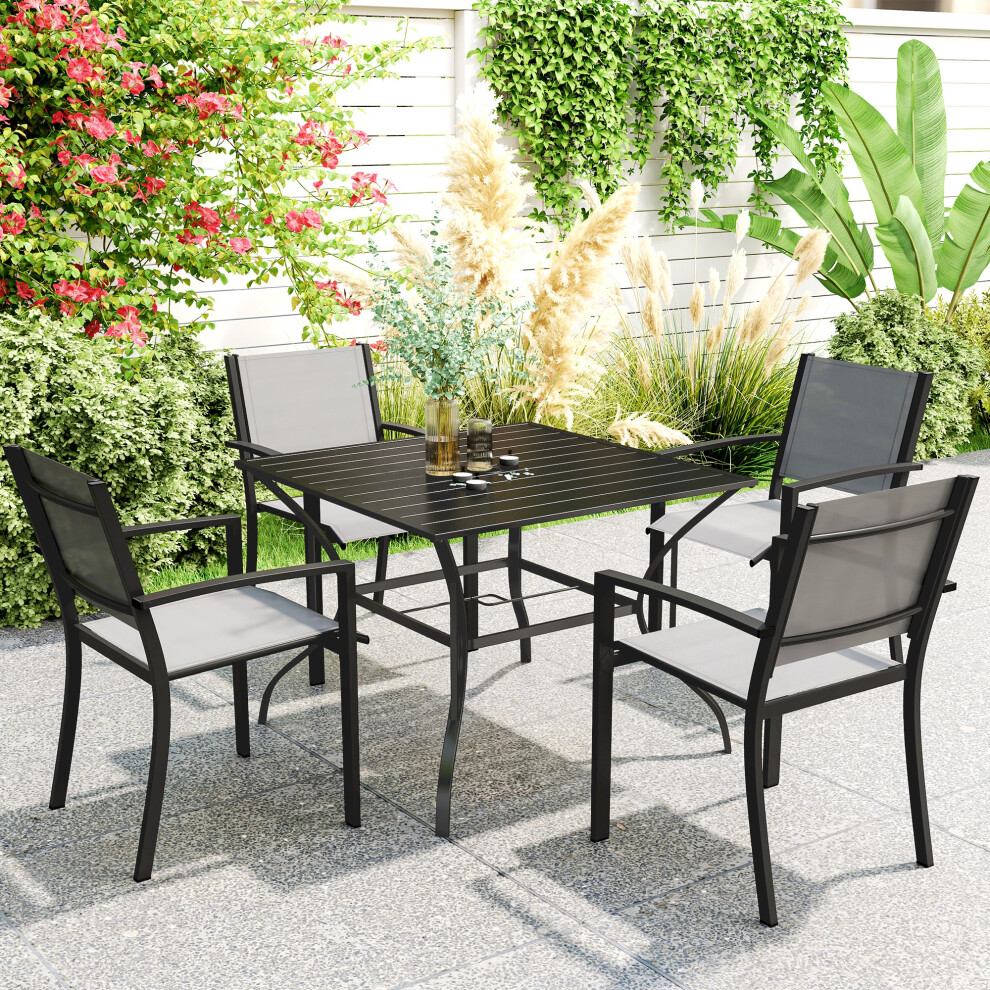 Outsunny Garden Table With Parasol Hole For Four, Slatted Metal Plate Top Black