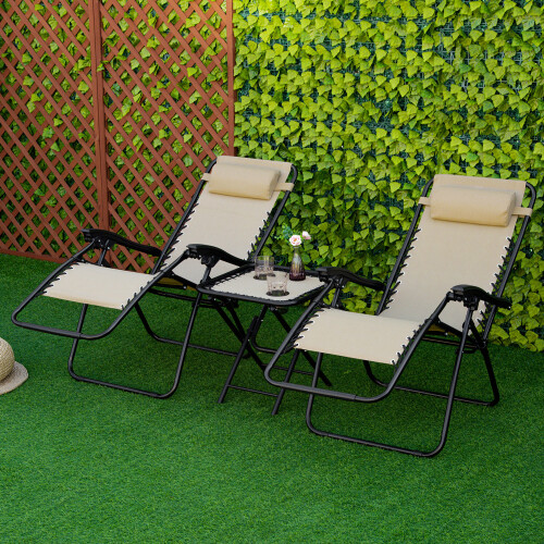 Outsunny Outsunny 3PC Zero Gravity Chairs Sun Lounger Table Set w/ Cup Holders, Beige