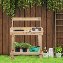 Outsunny Wood Potting Bench Work Table w/ 2 Wheels & Drawer, 92x45x119cm