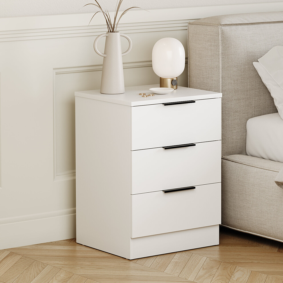 Vida Designs (White) Trega 3 Drawer Bedside Cabinet Wooden Nightstand White