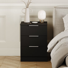 (Black) Trega 3 Drawer Bedside Cabinet Wooden Nightstand