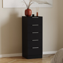 (Black) Trega 5 Drawer Narrow Chest Wooden Storage Unit
