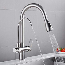 3 Way Kitchen Mixer Tap with Filter, PullOut Gooseneck, 360 Rotating Brass Faucet