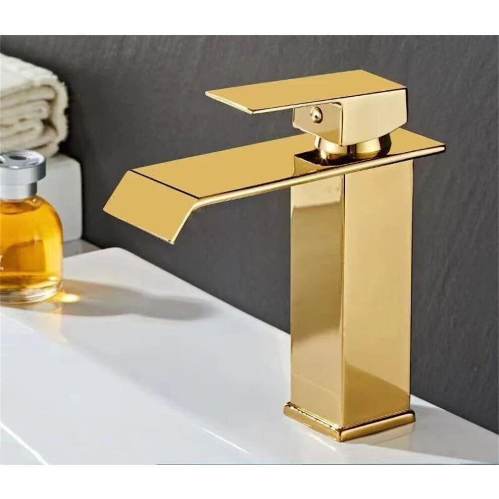 Bathroom Basin Sink Faucet Waterfall Style Singlehandle Hot Cold Water Mixer Gold Finish 9347817143652