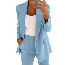 Women's Summer Suit, Stylish Plain Leisure Suit, 2Piece Slimfit, Chic Trouser Suit, Retro Blouse, Light Blue