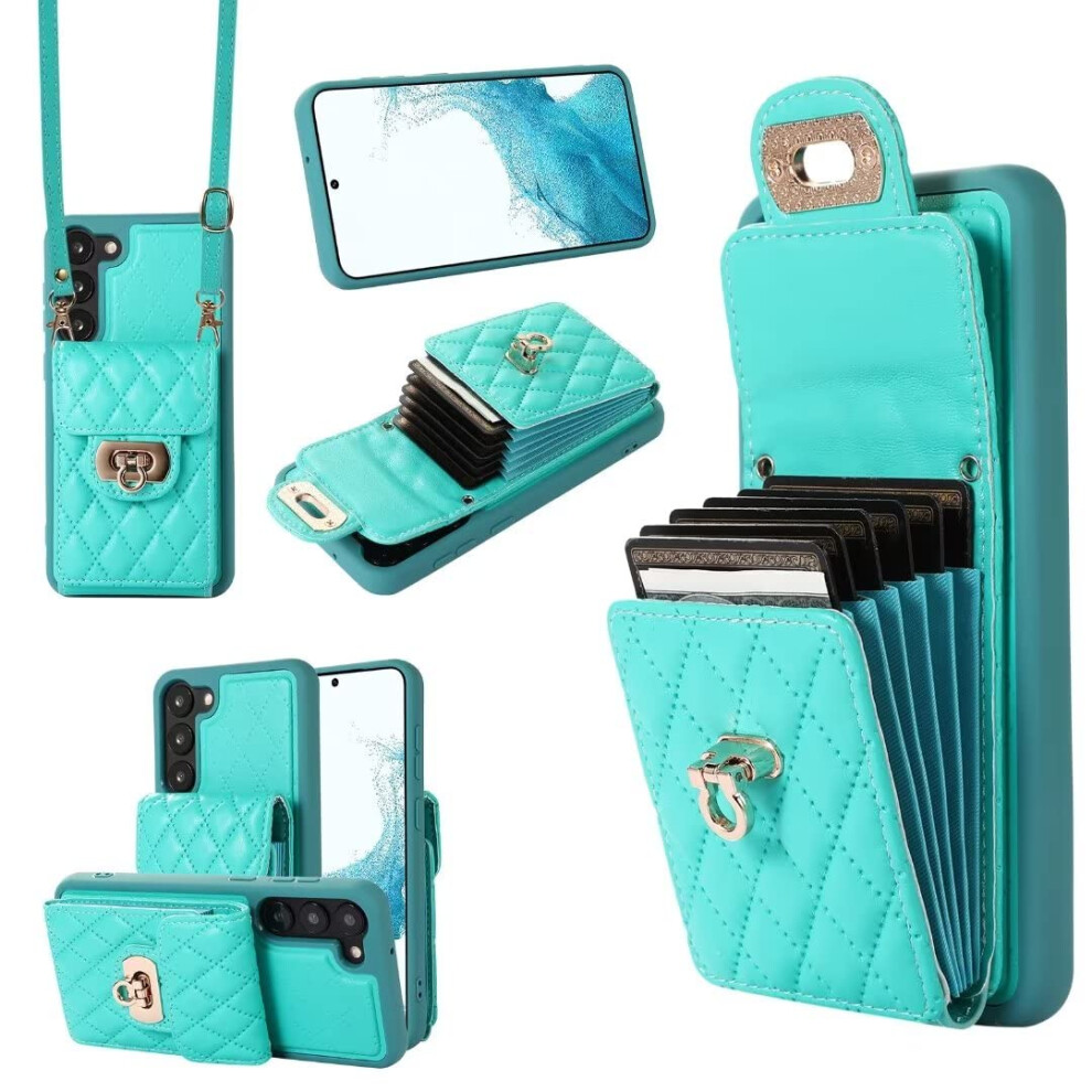 Crossbody Wallet Case For Iphone 15 Rfid Blocking Leather Folio Kickstand 6 Card Slots Wrist Strap Lanyard Green 9189345323942
