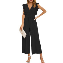 Elegante tutina da donna, tuta a vita alta con gamba larga plissettata, pantaloni senza maniche in tessuto elasticizzato con scollo a V, tutine