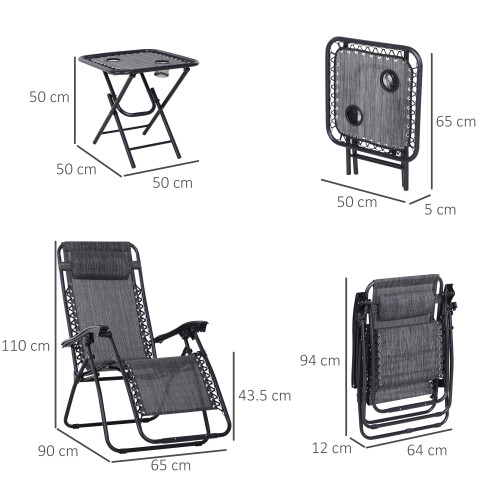 Outsunny Outsunny 3PC Zero Gravity Chairs Sun Lounger Table Set W/ Cup Holders Light Grey 2