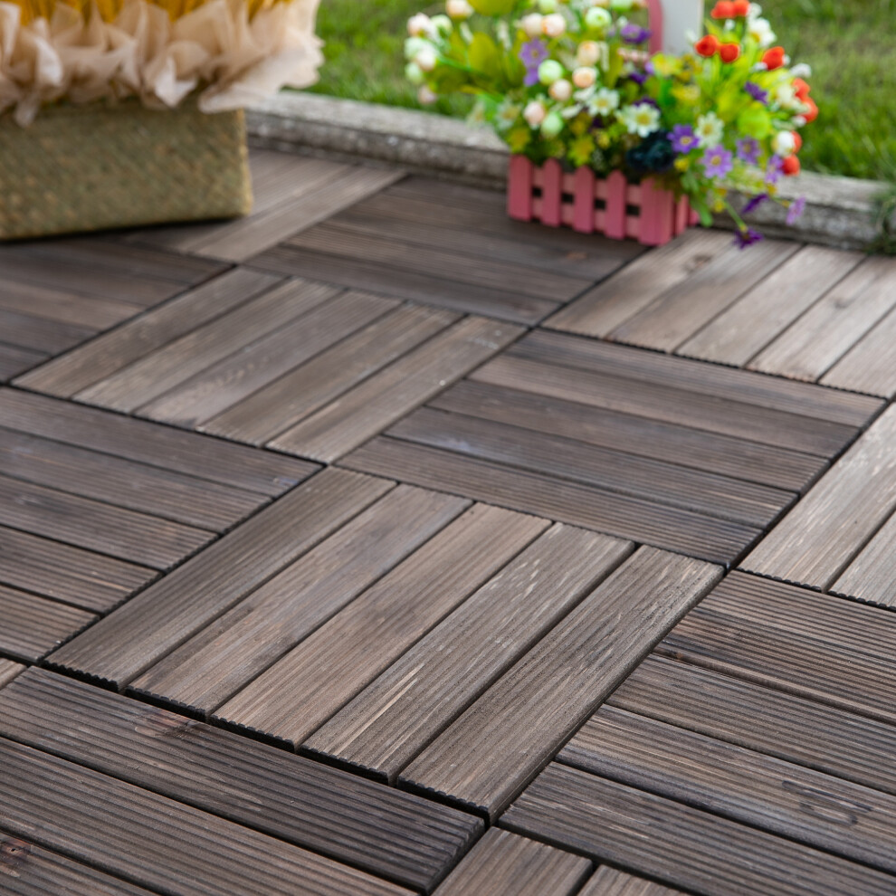 Outsunny 27Pc Floor Tiles Interlocking Solid Wood Diy Deck Tiles Outdoor Black