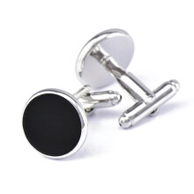 Round cufflinks for men in gold, silver, black agate, sleeve rivets, French shirt buttons, Silver 18mm.