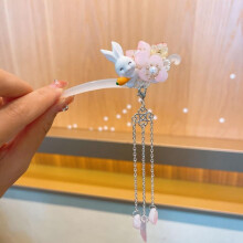 ChineseStyle Children's Hanfu Hairpins Vintage Rabbit Hair Sticks with Floral Step Tassel Pendant, Girls' Hair Accessories (Size: F)